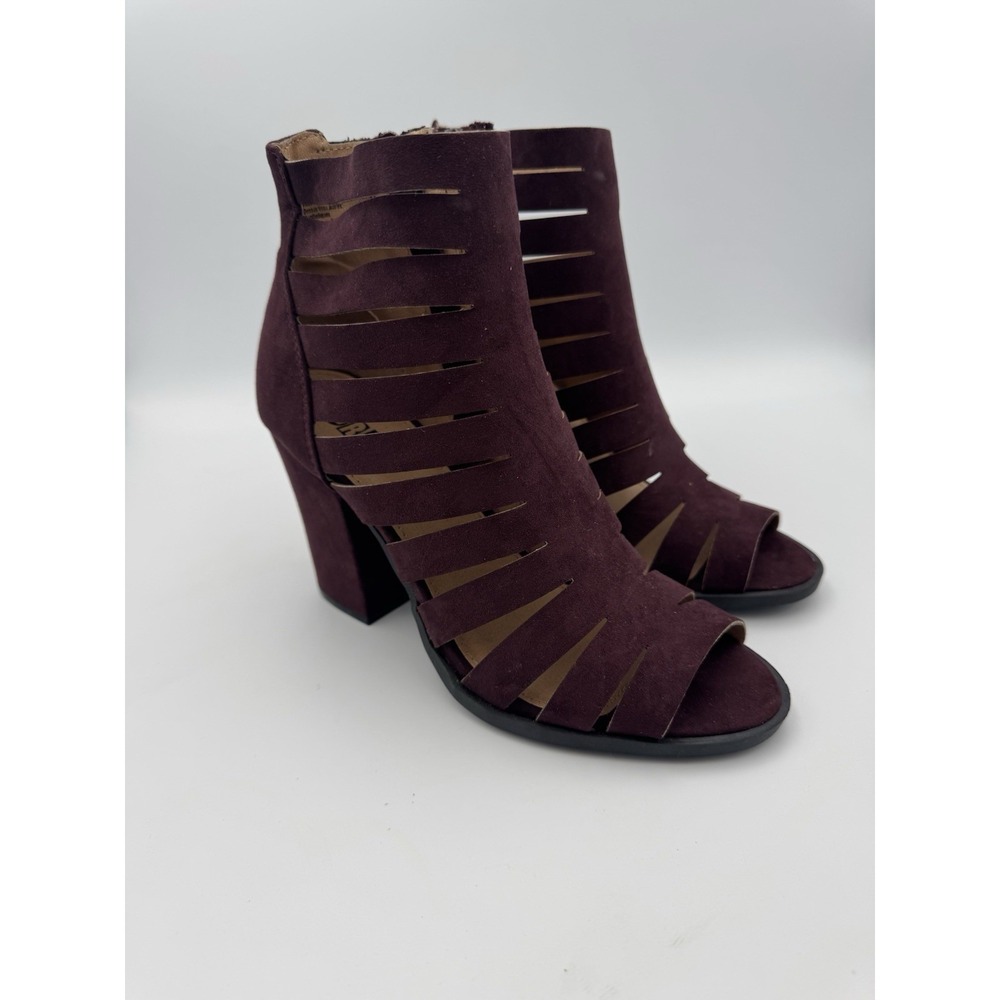 Brash Women's Cutout Block Heel Booties Size 6 Burgundy Suede Peep Toe Zip Ankle
